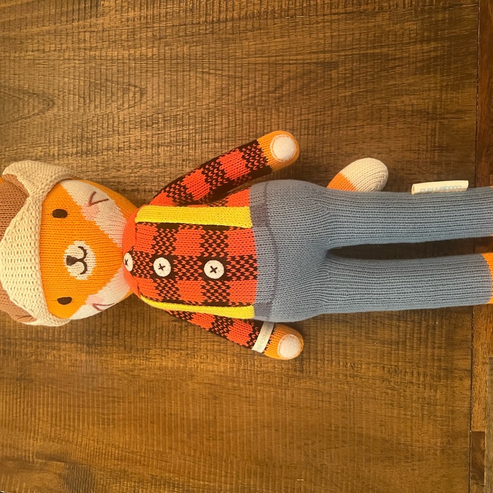 NEW: Cuddle + Kind: Plaid Knit Bear Toy - Orange and Blue